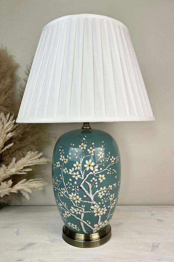 Green Blossom Ceramic Table Lamp with Pleated Shade (G2122 Pleated)