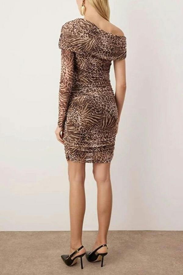 WOVCOR Boat Neck Leopard Patterned Tulle Lined Knit Dress