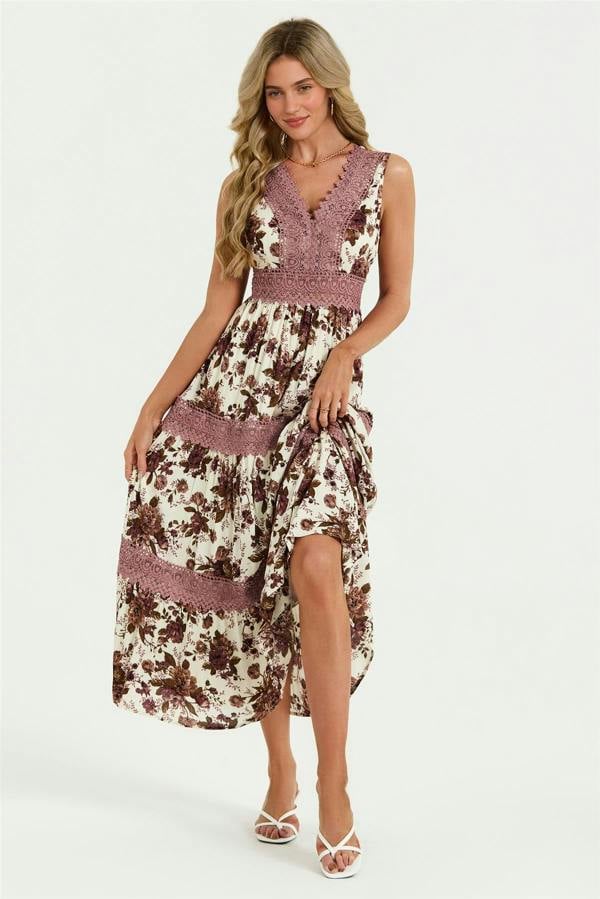FS Collection Floral Print Lace Detail Maxi Dress In Off White