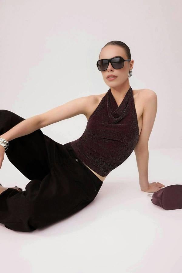 WOVCOR V-Neck Sleeveless Knitted Glittery Party Blouse