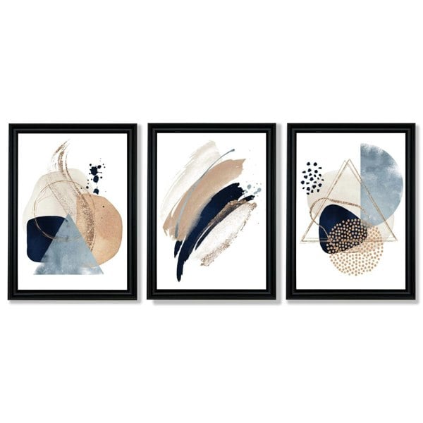 Artze Wall Art Set of 3 Abstract Beige Blue and Gold Framed Prints