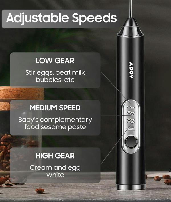 ADOV Rechargeable Handheld Milk Frother, 3-Speed Electric Coffee Whisk with 2 Heads for Latte, Cappuccino and Matcha