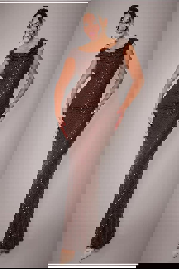 Cap Sleeve Iridescent Sequin Cowl Maxi Dress - Brown DR4633PLUS