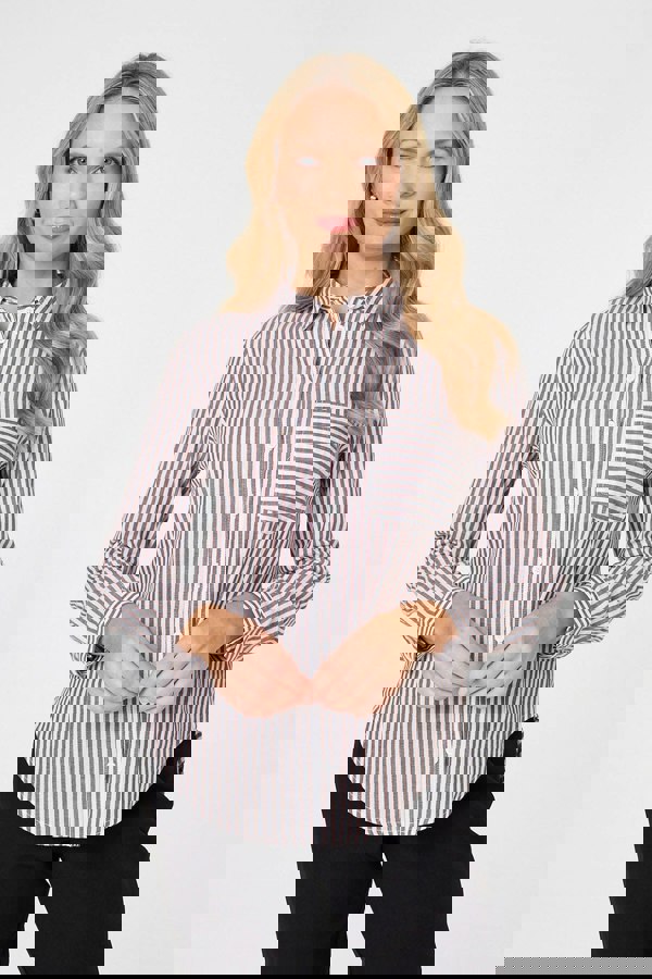 Brown | Striped Long Sleeve Shirt : Model is 5'10"/178 cm and wears UK10/EU38/US6/AUS10
