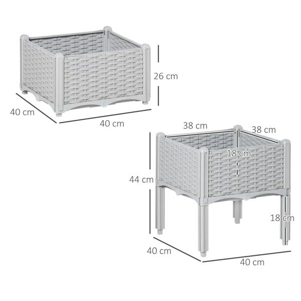 Grey rattan-effect planter set with size layout showing two connected raised planters