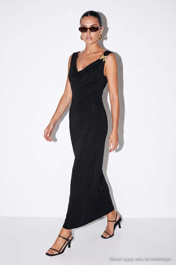 WOVCOR Degaje Neckline Shoulder Embellished Bodycon Midi Dress