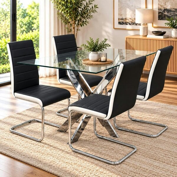 Kosy Koala Glass Dining Table Set with 4 Faux Leather Chairs, Sturdy Chrome Legs, Rectangular, 120cm