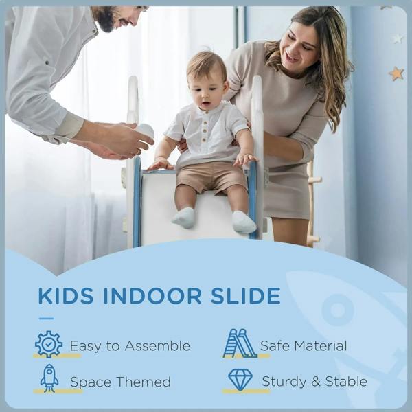 Kids indoor slide with blue ramp and white rocket supports