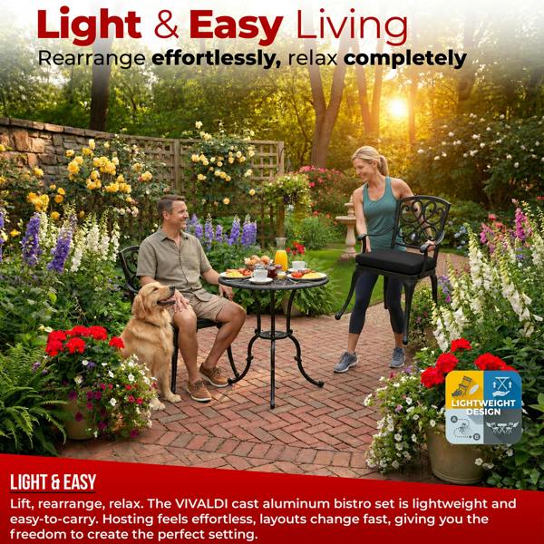 Centurion Supports VIVALDI Black 3-Piece Cast Aluminium Garden Bistro Set - with Black Cushions