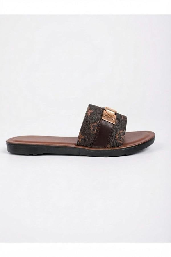 Amber Patterned Slider Sandals - Brown_wb
