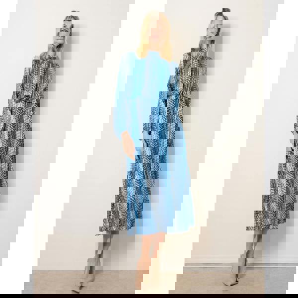 Blue Vanilla Zig Zag Metallic High Neck Puffball Pleated Dress