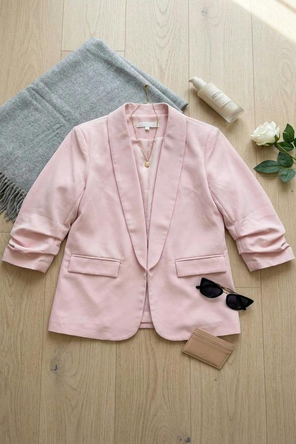 Valerie Ruched Sleeve Open Front Blazer Jacket With Front Pockets - Pink