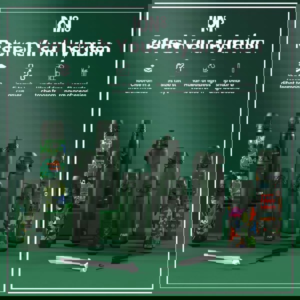 Several ION8 water bottles, in various sizes and designs, are displayed on a green surface. They are shown alongside accessories. Choose from 3 different materials, sizes to suit any user, hundreds of designs, and a wide range of accessories.