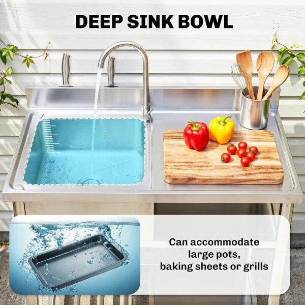 Outdoor Stainless Steel Kitchen Sink, Freestanding Sink Single Bowl with Cold and Hot Water Pipe and Storage Shelves