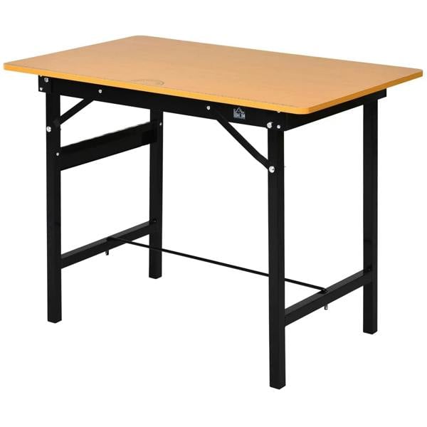 Foldable work bench with orange MDF top and black steel frame, 100 cm wide