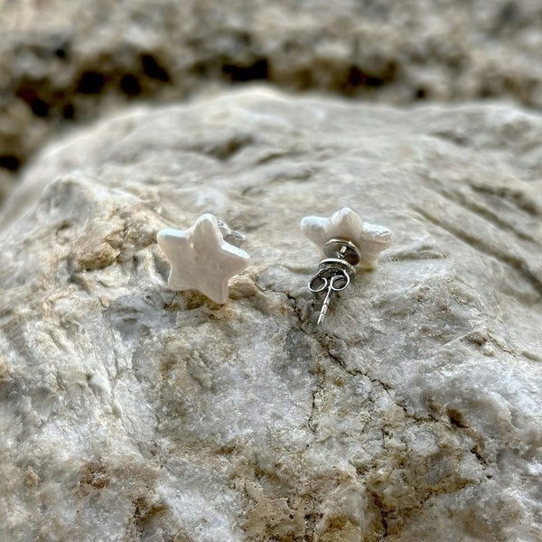 Starry earrings on a rock.