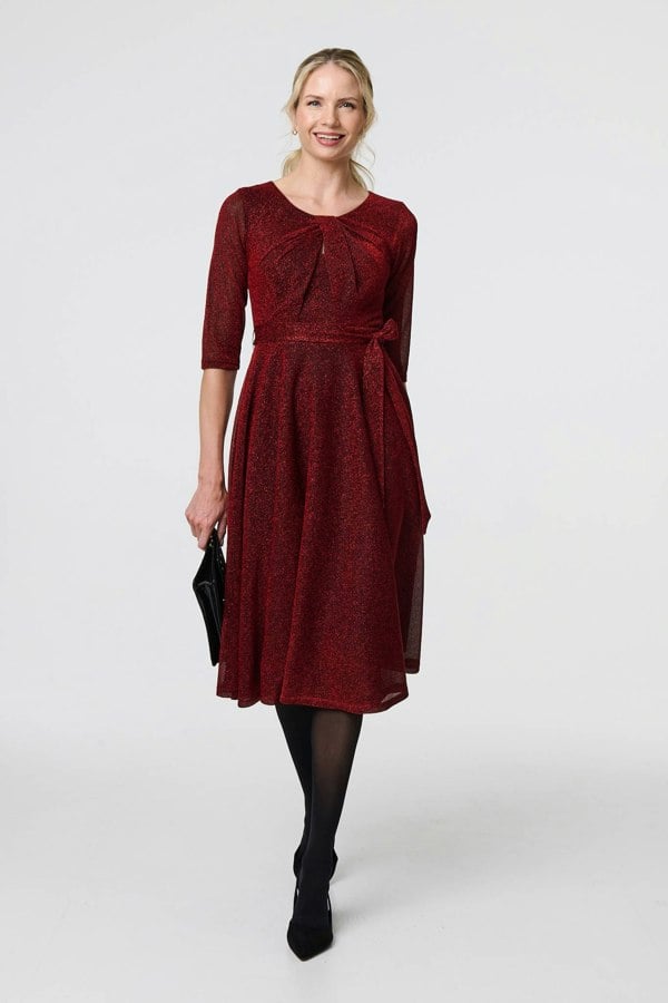 Red | Glitter Mesh Twist Front Midi Dress
