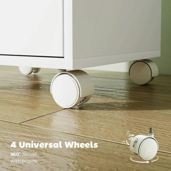 6 Drawer Vertical File Cabinet, Mobile Filing Cabinet with Quiet Drawers and Wheels with 2 Brakes, White