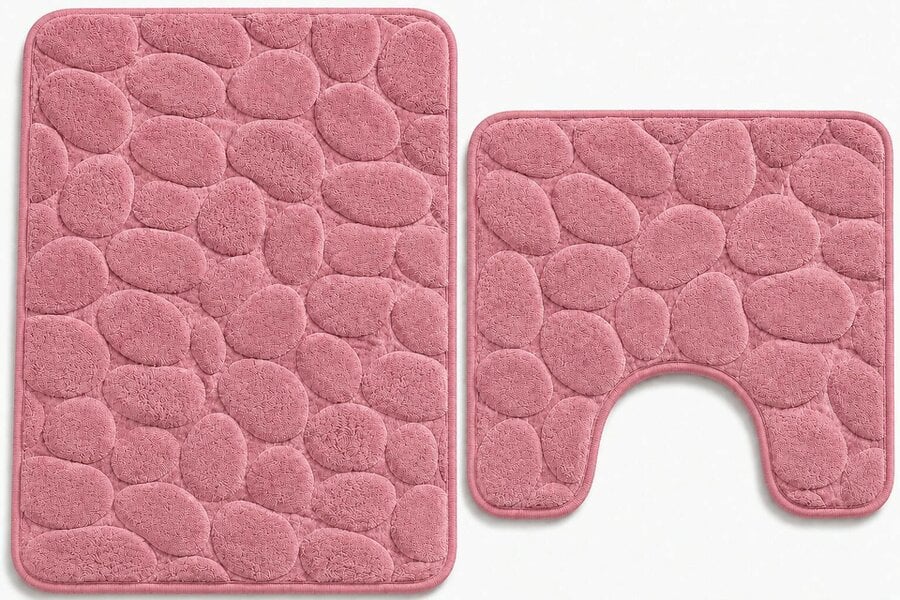 Night Zone Pebble Stone Bath Mat Set – Soft Absorbent Non-Slip Bathroom Rug Set - Pink