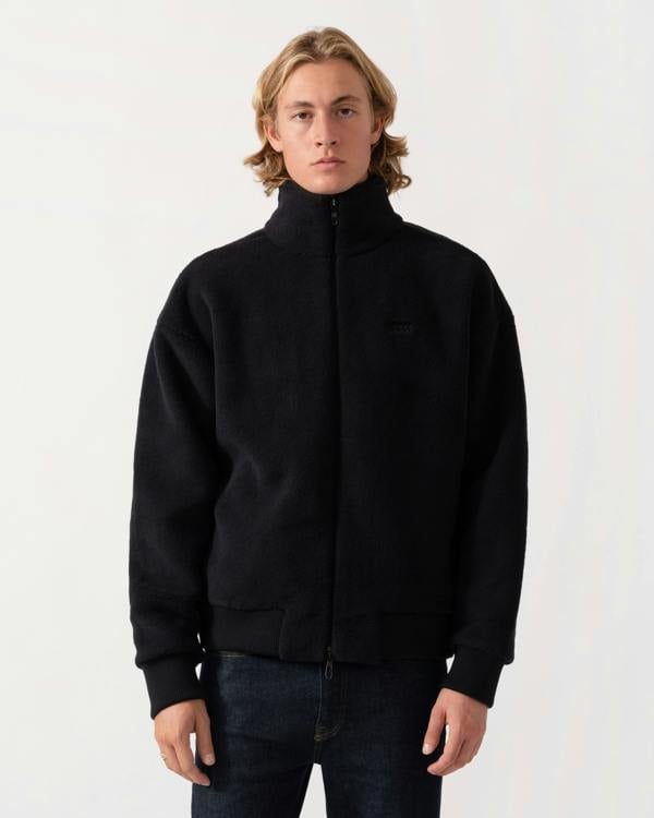 Front shot of the BOSS Green Mens  Logo-embroidered zip-up sweatshirt in teddy fleece - Black 001