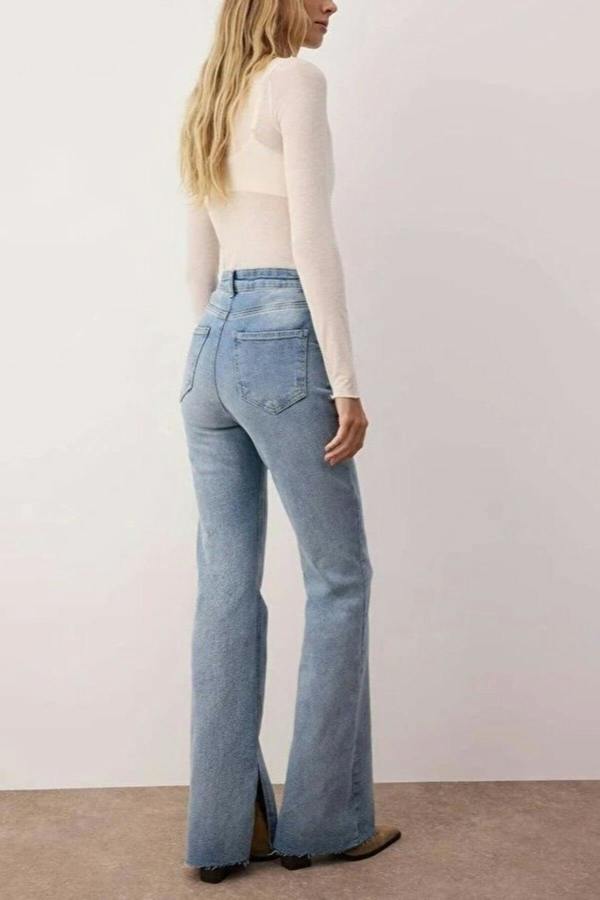 WOVCOR High Waist Flare Smoke Jeans with Slit Detail