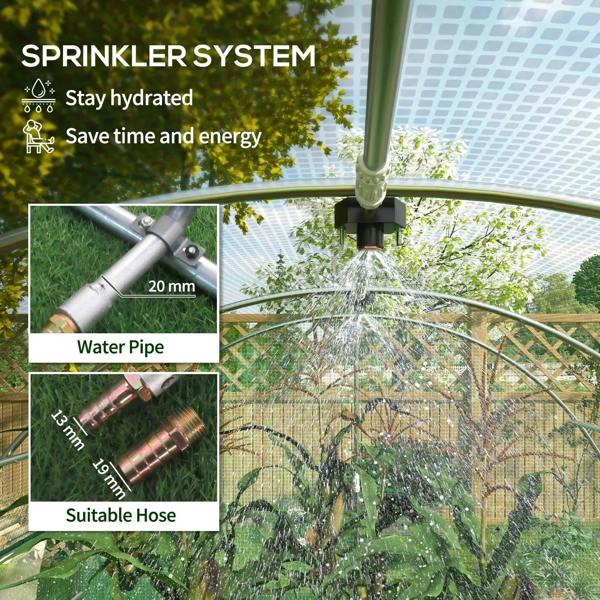 Green polytunnel greenhouse with sprinkler watering pipes and nozzle spray
