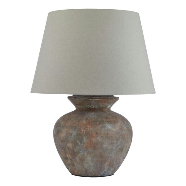 Wyld Haus Padua Rustic Brown Ceramic Round Table Lamp Distressed Finish Neutral Fabric Shade