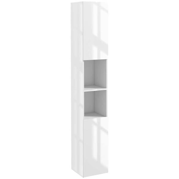White freestanding tall cabinet with open shelves and interior compartments