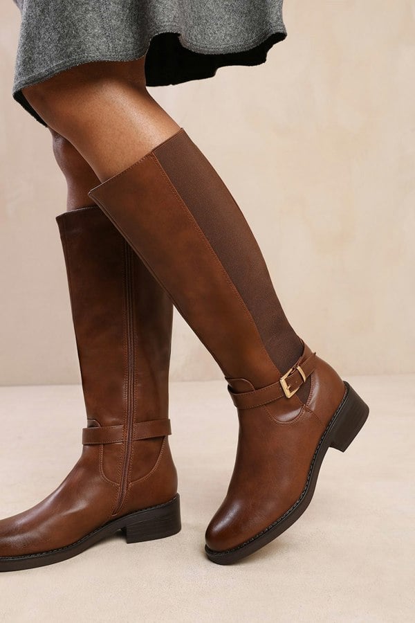 Where's That From Micah Knee High Boots With Buckle Detail in Brown Faux Leather