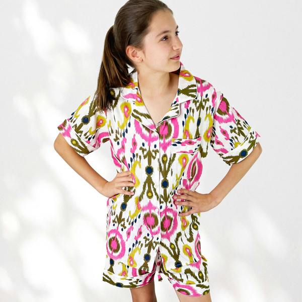 Hayley & Co Ikat Print 100% Cotton Short Pyjama Set in White and Print