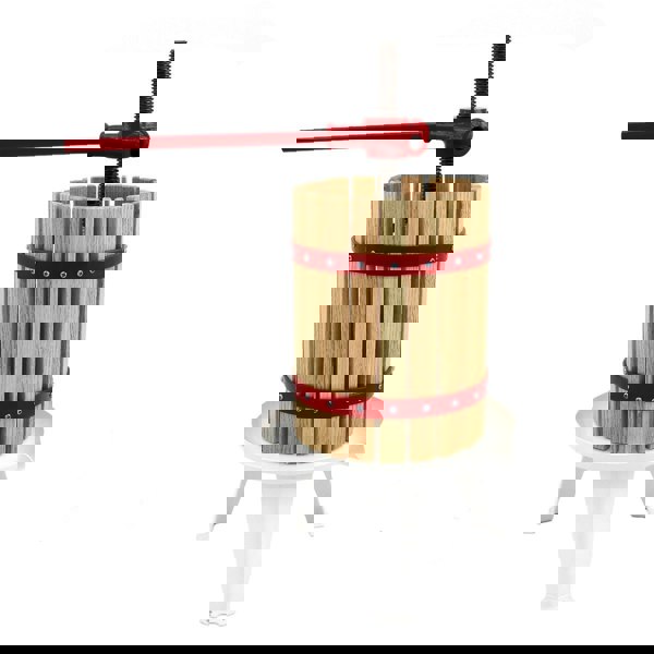 KuKoo 18 Litre Fruit Press with wooden slats, red metal accents, and a sturdy white base, ideal for juicing fruits at home