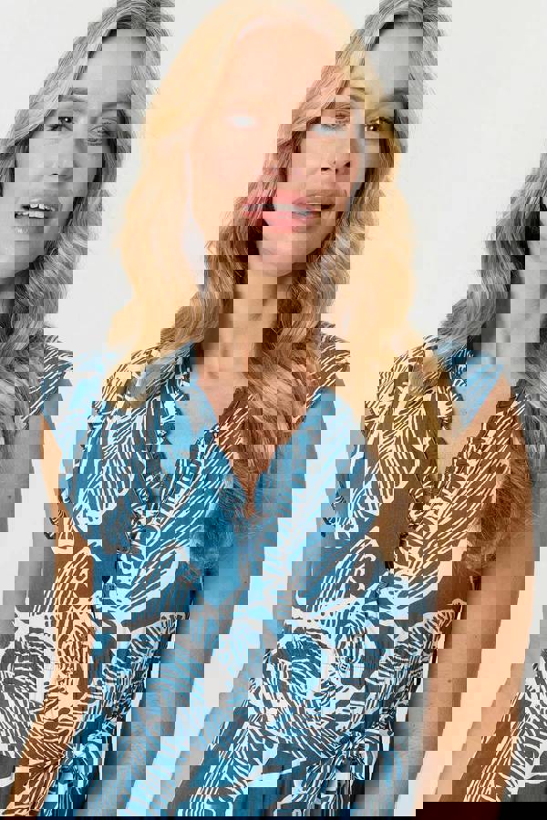 Blue | Leaf Print Sleeveless Maxi Dress
