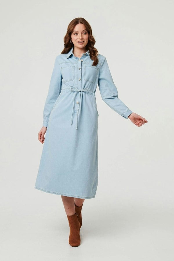 Blue | Denim Tie Waist Long Sleeve Midi Dress
