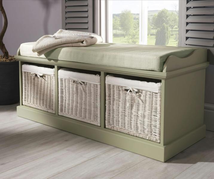 Statement Furniture Tetbury Bench with 3 White Wicker Baskets and Cushion, Assembled Hallway Storage