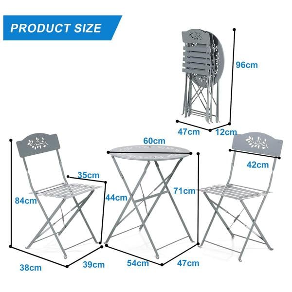 Gr8 Garden 3 Piece Grey Metal Garden Bistro Set with Leaf Design