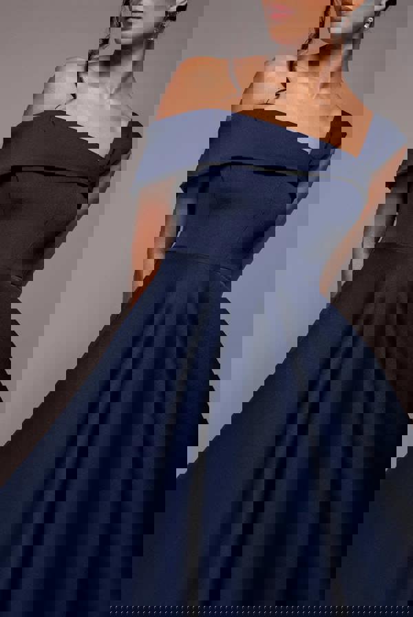 One Shoulder A Line Midi Dress - Navy Blue DR4949