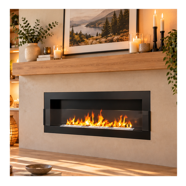 BIOFireplacesGMT Bioethanol Fireplace Wall Mounted 1200x400 Black Matt with Glass Ventless