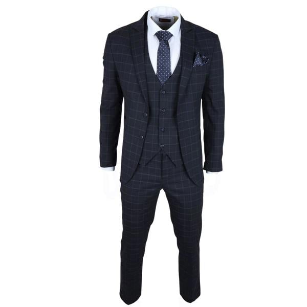 Infinity Leather Men's Navy Checked 3 Piece Suit Tailored Fit