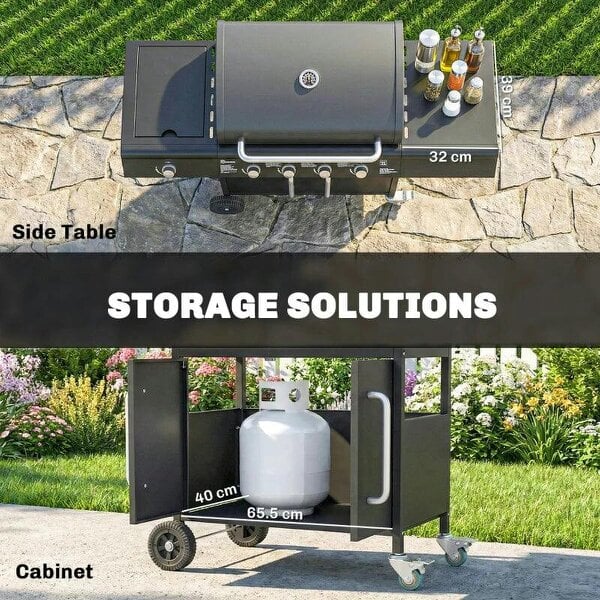 Bobobiy 4+1 Burner Gas BBQ Grill with Storage Cabinet, 15.2 kW Gas Barbecue Trolley with Side Table, 4 Wheels, Warming Rack
