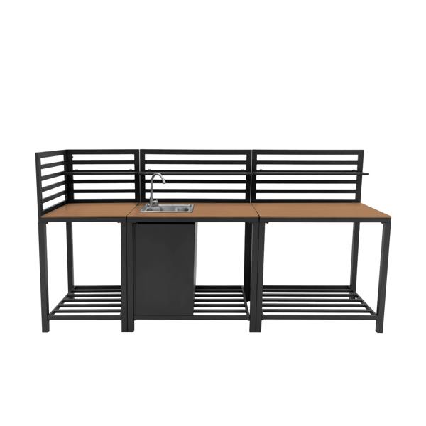 Aluminium and wood outdoor kitchen set with three pieces, featuring a sleek black frame, slatted design, and integrated sink