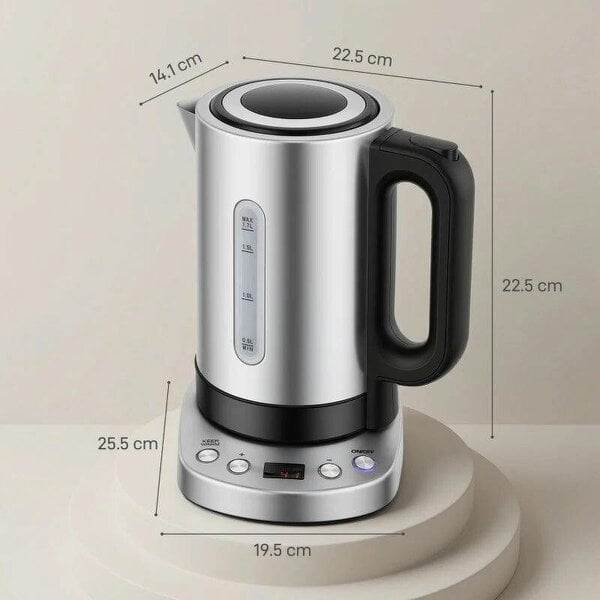 Electric Kettle, 1.7L, Fast Boil, 3kW Water Kettle with UK Strix Thermostat, Keep Warm Function, LCD Base, Silver Tone