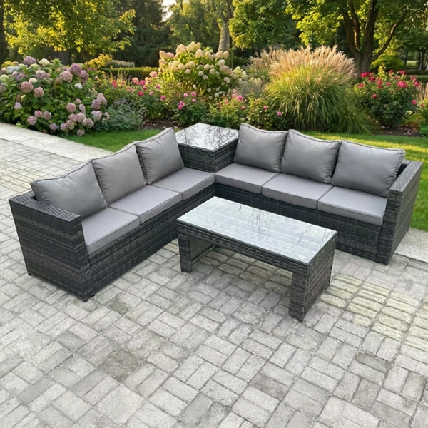 Fimous 6 Seater Rattan Corner Sofa Set with Side Table and Rectangular Coffee Table - Dark Grey Mixed
