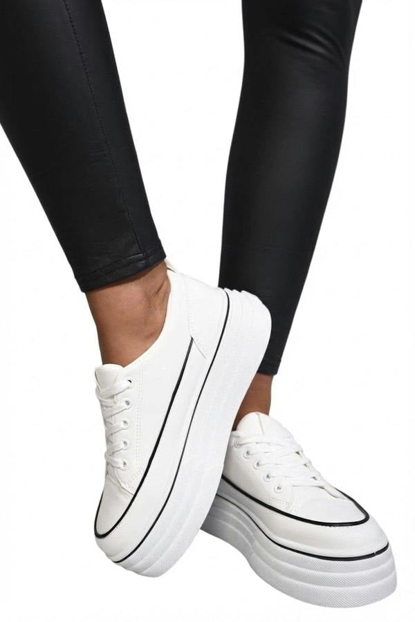 Breanna Platform Wedge Lace Up Trainers - White_wb