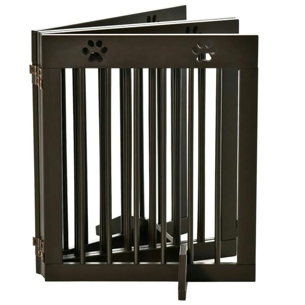 Brown wooden pet gate with vertical bars and paw print cutouts on the top rail