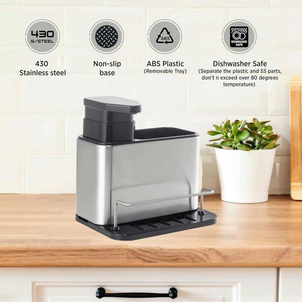 Top 3 Kitchen Sink Organiser with 340ml Soap Dispenser Pump Silver