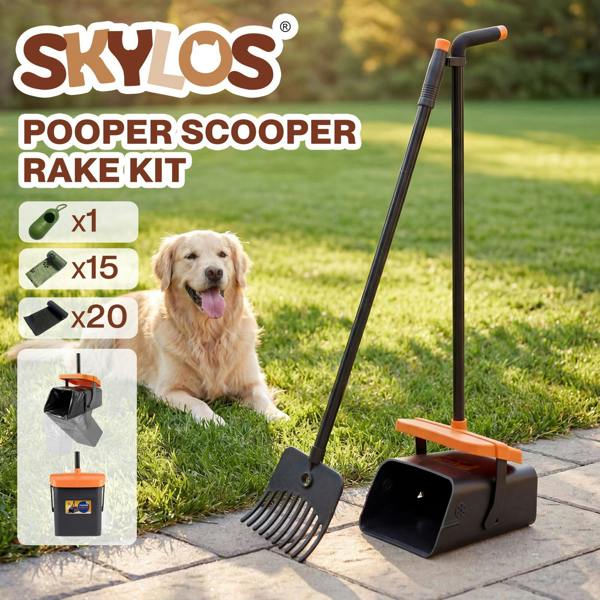 Skylos Pooper Scooper Swivel Bin Rake with Waste Bags Pet Clean Pet Waste