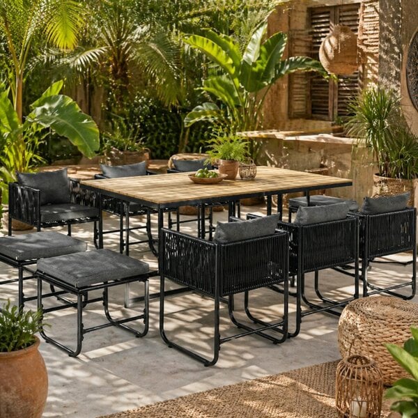 Wyld Haus Latata Black Rattan String 10 Seater Cube Garden Dining Set With Stools And Rectangular Table