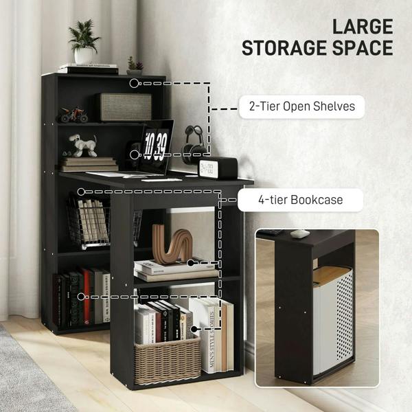 Black desk unit with open shelves and multi-tier bookcase storage