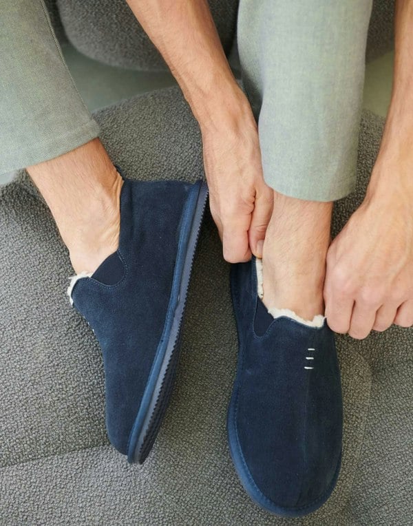 Men's Lowland Sheepskin and Suede Slipper Boots – Navy - British Boxers