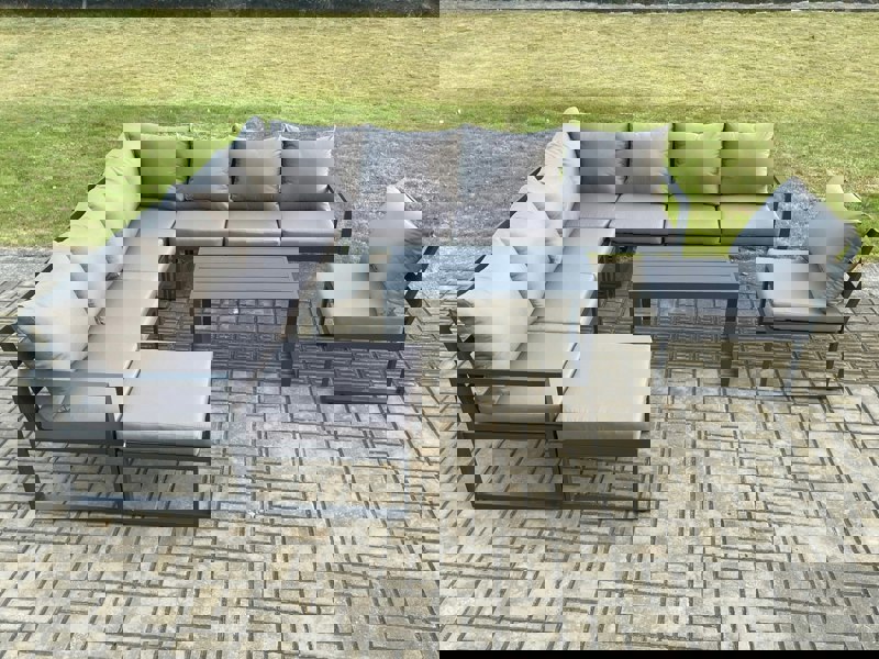 Fimous Aluminium 9 Seater Patio Outdoor Garden Furniture Lounge Corner Sofa Set with Oblong Coffee Table Big Footstool Dark Grey